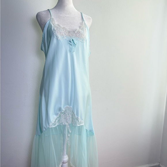 Vintage Baby Blue Satin Lace Chiffon Ethereal Peignoir Slip Nightgown Dress - Picture 4 of 14